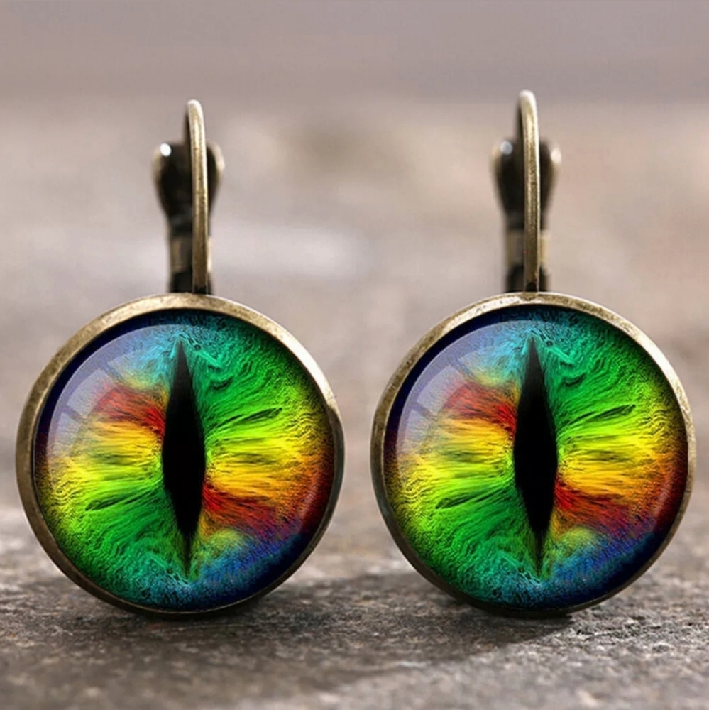 New Rainbow Dragon Eyes Glass Cabochon Bronze Earrings.